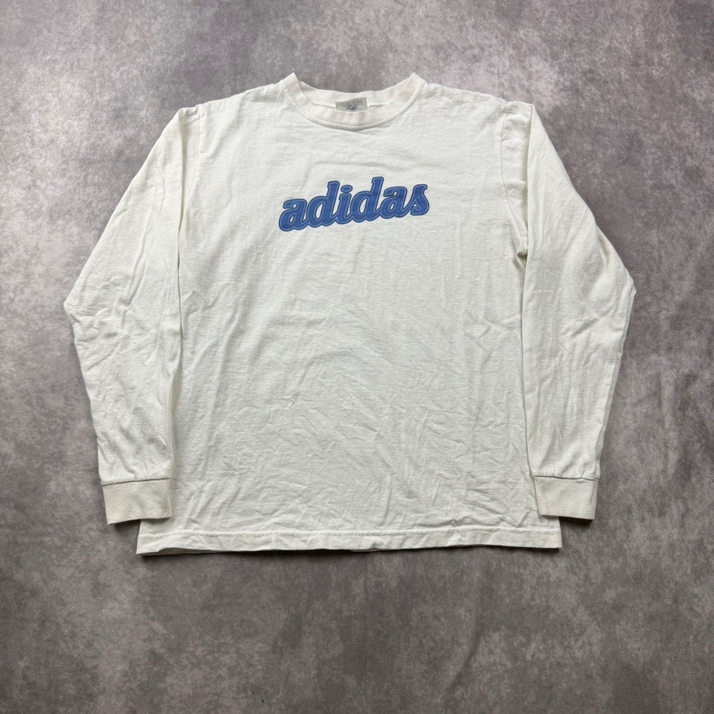 Vintage Adidas Long Sleeve T Shirt Mens Medium White Blue Puff Print Made in USA